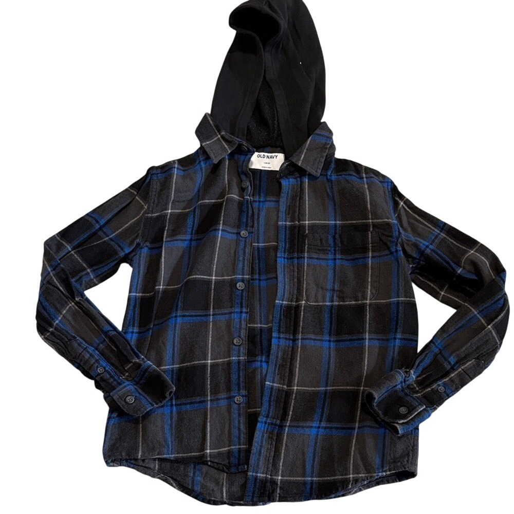 Old Navy Boys Blue Black Plaid Hooded Flannel Shirt Size L 10-12 Button Down